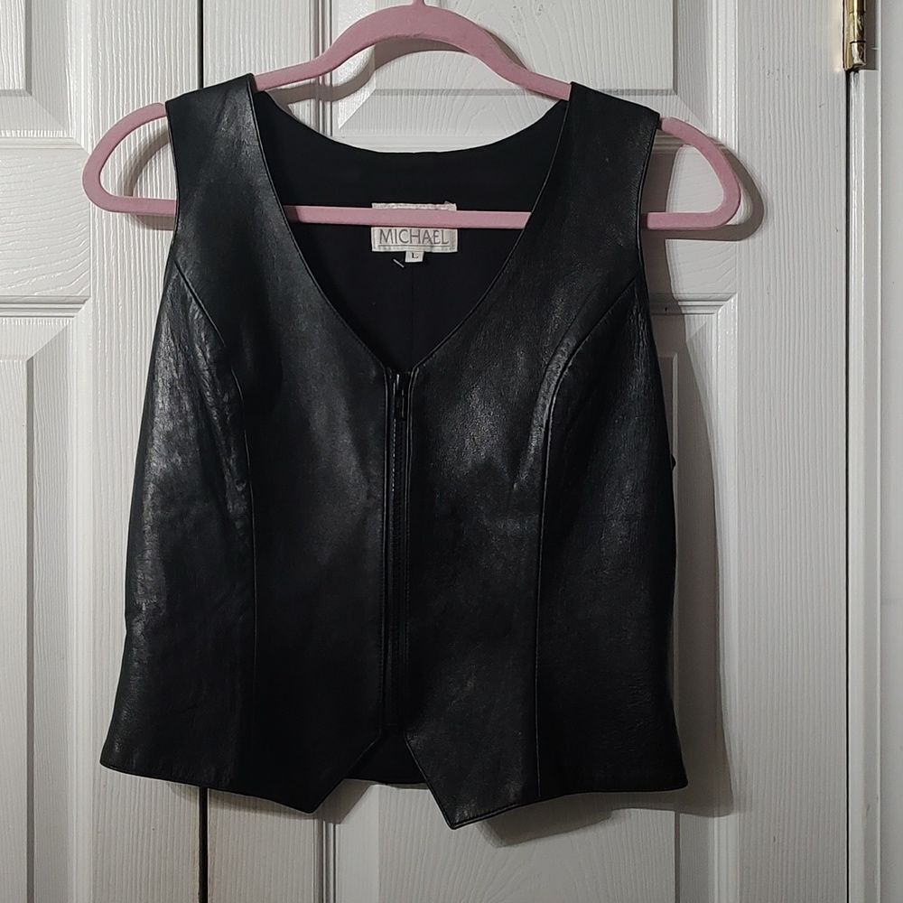 John Michael Vintage black leather vest Sz L NWOT